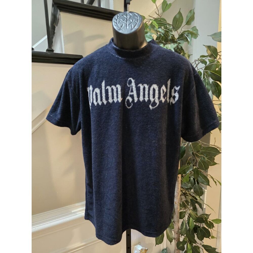 Palm Angels Men's Navy‎ Fleece Crew Neck Short Sleeve Pullover Sweater Medium